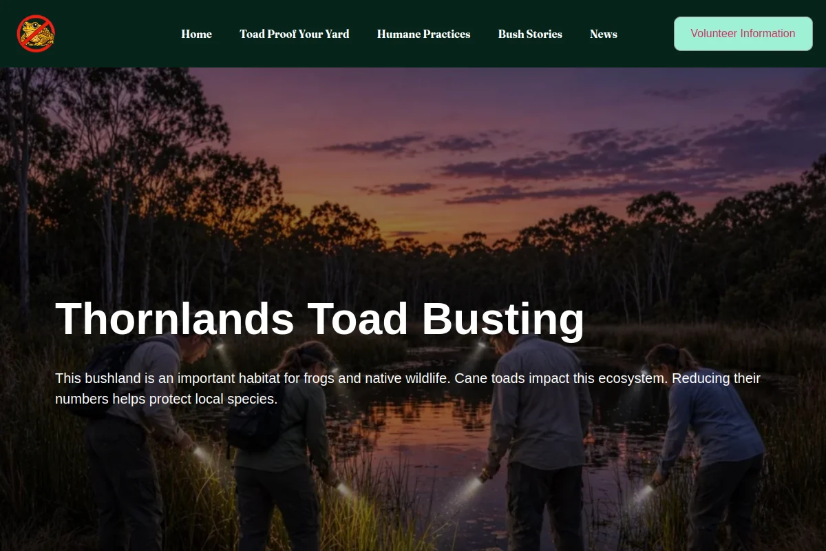 Homepage screenshot of Thornlands Volunteers Toad Busting