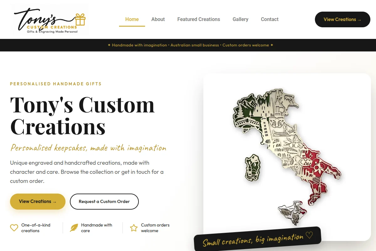 Homepage screenshot of Tony’s Custom Creations